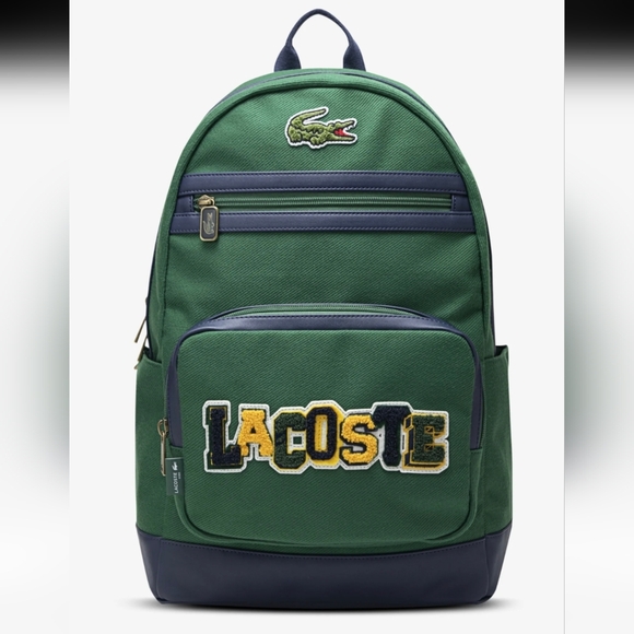 Lacoste Green Canvas Backpack with Navy Trim and Yellow Lettering